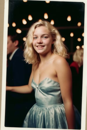 A nostalgic Polaroid photograph captures a candid moment of a stunning blonde teenager, dressed in a flowing prom gown, swaying drunkenly to an unheard melody in her family's loungeroom. The white border and grainy film texture evoke a sense of analog nostalgia. The camera zooms in for a close-up full-body shot, showcasing the girl's bleary-eyed expression as she loses herself in the music. Onlookers, blurred in the background, seem mesmerized by her carefree abandon under the dim lighting of midnight.