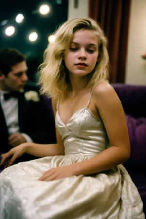 A nostalgic Polaroid photograph captures a candid moment of a stunning blonde teenager, dressed in a flowing prom gown, swaying drunkenly to an unheard melody in her family's loungeroom. The white border and grainy film texture evoke a sense of analog nostalgia. The camera zooms in for a close-up full-body shot, showcasing the girl's bleary-eyed expression as she loses herself in the music. Onlookers, blurred in the background, seem mesmerized by her carefree abandon under the dim lighting of midnight.