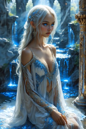 In a warm, golden-lit setting, a stunning elven girl with a beautiful crystal blue gaze, poses amdist ruined marble columns, wearing a flowing sheer white lace robe. Her long, straight white hair cascades down her back like a waterfall of silvery moonlight. The intricate textile she wears is decorated with vibrant geometric patterns that seem to dance across her body. Arm ornamentation and decorative gold and silver embroidery add an extra layer of elegance. She exudes a sense of sadness, as if lamenting the falll of her kind. Her eyes, like two shimmering sapphires, sparkle with sadness and melancholia, giving us a glimpse into her lonely personality. The scene is set against a full moonlit midnigt backdrop reminiscent of the natural world she inhabits.