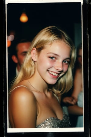 A nostalgic Polaroid photograph captures a candid moment of a beautiful blonde teenage girl, her prom dress shimmering under the soft, grainy film texture. The white border surrounds the image like a warm embrace. In the dimly lit loungeroom, she's dancing with reckless abandon, her bleary eyes and intoxication evident in her sloppy grin. Onlookers gather around, mesmerized by her carefree joy, as the clock strikes midnight, marking a night that will be forever etched in their memories.