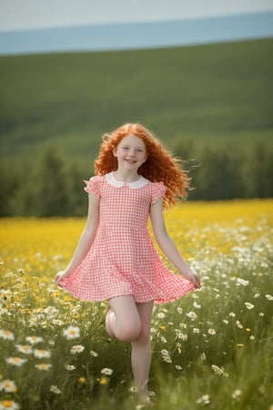 A bright and sunny day captures the carefree charm of an 11-year-old girl, radiant with curly red hair. Her pale skin is dotted with freckles, adding to her natural allure. The adorable pink and white gingham dress hugs her petite frame, with a subtle flash of white panties visible beneath. The sweet smile on her face beams as she poses playfully amidst a vibrant field of wildflowers, lifting the hem of her dress to give a glimpse of her long legs and white panties