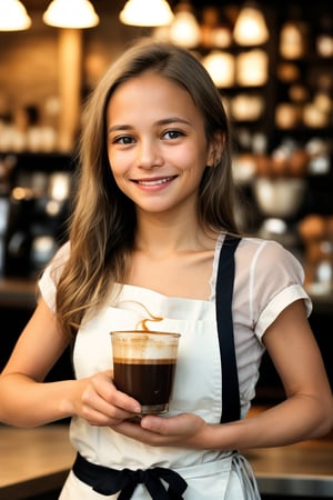 A weary yet radiant 13-year-old barista, caramel-toned skin glowing warmly under the soft lighting of the bustling café. She has luscious, straight chocolate hair with caramel highlights. Tired eyes, though, betray a hint of exhaustion as she expertly crafts coffee drinks. A bright, inviting smile illuminates her face, tempered by subtle lines of fatigue. She wears a crisp white apron, its simplicity belied by the warmth and energy she exudes, pouring her heart into every cup with an eager yet weary gaze.