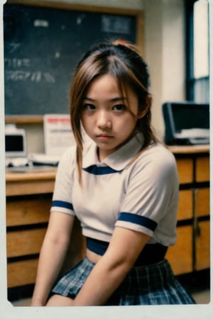 Nostalgic Polaroid snapshot of a 12 year old Japnese girl, medium length light brown hair in a loose ponytail,  kneeling on the floor of a bland school teacher's office. The camera captures her vulnerability as she kneels in a skimpy bra and school skirt, surrounded by the sterile atmosphere of the office. The grainy film texture and white border add to the intimate, candid feel of the moment. Taken from above, she looks up nervously at the camera, ready to do whatever the photographer asks of her