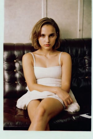 Nostalgic Polaroid snapshot of 12-year-old Natalie Portman, sporting a chic bob haircut, sitting on a sleekr office couch. The camera captures her vulnerability as she sits in her underwear, surrounded by the sterile atmosphere of the office. The grainy film texture and white border add to the intimate, candid feel of the moment.