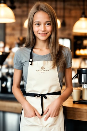 A weary yet radiant 13-year-old barista, caramel-toned skin glowing warmly under the soft lighting of the bustling café. She has luscious, straight chocolate hair with caramel highlights. Tired eyes, though, betray a hint of exhaustion as she expertly crafts coffee drinks. A bright, inviting smile illuminates her face, tempered by subtle lines of fatigue. She wears a crisp white apron, its simplicity belied by the warmth and energy she exudes, pouring her heart into every cup with an eager yet weary gaze.