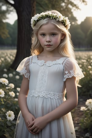 Award-winning cinematic masterpiece captures the innocence of a 9-year-old blonde-haired beauty in an abandoned park at dusk. The subject's very pale skin and slender figure are showcased against a dark background, emphasizing her fragile youth. She wears a delicate flower crown, a flowing white sheer lace dress, in her hands a bouquet of white flowers, perfectly framing her very slim face shape. Insane detail and ultra-realistic photorealism bring this high-definition (1.2) image to life, making it indistinguishable from a real photograph.