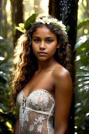 A breathtakingly realistic depiction of a stunning 13 year old Indigenous Australian-European fusion beauty posing amidst an Australian rainforest's lush foliage. Soft sunlight filters through towering trees, casting dappled shadows as crepuscular lighting bathes the scene in warm, golden hues. Her curly dark locks cascade down her back like nightfall itself, while her captivating dark eyes sparkle with a hint of mischief. Her flimsy intricately detailed white lace dress clings to her body, showing exactly what lies beneath, delicate and ethereal, as if kissed by the misty rain that veils her skin.