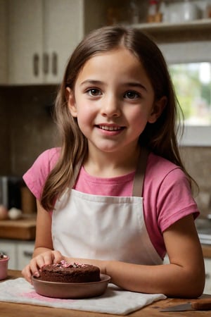 Photorealistic depiction of a young girl, approximately 10 years old, standing at a home kitchen counter. She wears a bright pink and white apron, as she carefully decorates a cake. Her face is smudged with chocolate, adding to her adorable expression. Concentration etched on her beautiful eyes, her cute tongue poking out between her lips pursed in concentration. Framed by the warm glow of kitchen lighting, with the subtle texture of kitchen countertops and wooden utensils adding depth.