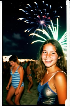 A nostalgic Polaroid photograph captures the carefree essence of a 1970's beach party. Gorgeous teenage girls, donning a bikini, radiates joy as she dances on the sandy shore under the starry midnight sky. Fireworks illuminate the darkness, casting a colorful glow on her bleary-eyed, intoxicated face. White border and grainy film texture evoke the analog photography of yesteryear. Onlookers gather around her, mesmerized by the infectious energy of this tipsy teenager, lost in the moment.