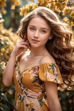 Soft-focused portrait of a prepubescent girl, her gentle face and pert bosom subtly highlighted by the golden tones of her long, curly hair. Realistically detailed eyes. She wears a vibrant, flowy dress, its colors blending harmoniously with the surrounding environment as she exudes a carefree, spontaneous aura. Framed against a blurred background, the subject's joyful expression is suspended in time, evoking a sense of fleeting innocence and youthful freedom.