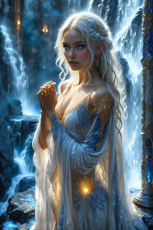 In a warm, golden-lit setting, a stunning elven girl with a beautiful crystal blue gaze, poses amdist ruined marble columns, wearing a flowing sheer white lace robe. Her long, straight white hair cascades down her back like a waterfall of silvery moonlight. The intricate textile she wears is decorated with vibrant geometric patterns that seem to dance across her body. Arm ornamentation and decorative gold and silver embroidery add an extra layer of elegance. She exudes a sense of sadness, as if lamenting the falll of her kind. Her eyes, like two shimmering sapphires, sparkle with sadness and melancholia, giving us a glimpse into her lonely personality. The scene is set against a full moonlit midnigt backdrop reminiscent of the natural world she inhabits.