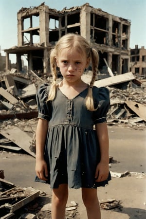 A vintage Polaroid snapshot captures a poignant moment. A young girl, her blonde pigtails framing her heartbroken expression, stands amidst the devastation of war-torn streets. The 50mm lens, reminiscent of Kodakchrome's iconic aesthetic, presents a desaturated scene with grainy texture. The ruined buildings and cars in the background tell the story of destruction, while the girl's tattered dress and somber gaze convey her sorrow.