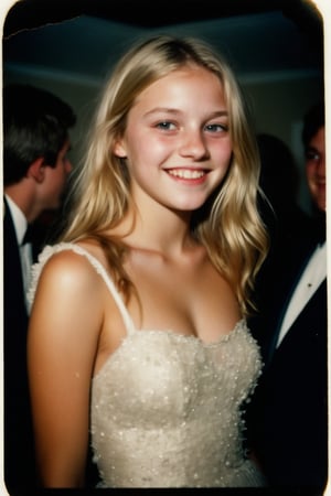 A nostalgic Polaroid photograph captures a candid moment of a beautiful blonde teenage girl, her prom dress shimmering under the soft, grainy film texture. The white border surrounds the image like a warm embrace. In the dimly lit loungeroom, she's dancing with reckless abandon, her bleary eyes and intoxication evident in her sloppy grin. Onlookers gather around, mesmerized by her carefree joy, as the clock strikes midnight, marking a night that will be forever etched in their memories.