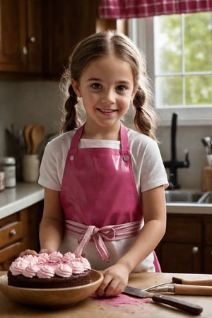 Photorealistic depiction of a young girl, approximately 10 years old, standing at a home kitchen counter. She wears a bright pink and white apron, as she carefully decorates a cake. Her face is smudged with chocolate, adding to her adorable expression. Concentration etched on her beautiful eyes, a radiant smile spreads across her face, highlighting her joy in the creative process. Framed by the warm glow of kitchen lighting, with the subtle texture of kitchen countertops and wooden utensils adding depth.