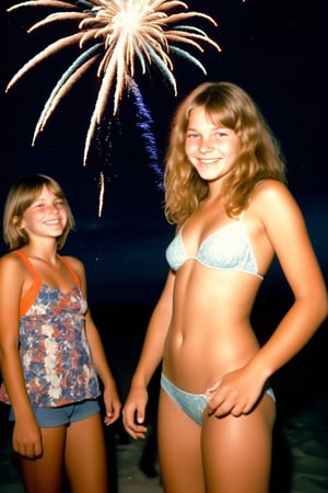 A nostalgic Polaroid photograph captures the carefree essence of a 1970's beach party. Gorgeous teenage girls, donning a bikini, radiates joy as she dances on the sandy shore under the starry midnight sky. Fireworks illuminate the darkness, casting a colorful glow on her bleary-eyed, intoxicated face. White border and grainy film texture evoke the analog photography of yesteryear. Onlookers gather around her, mesmerized by the infectious energy of this tipsy teenager, lost in the moment.