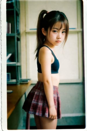 Nostalgic Polaroid snapshot of a 12 year old Japnese girl, medium length light brown hair in a loose ponytail,  kneeling on the floor of a bland school teacher's office. The camera captures her vulnerability as she kneels in a skimpy bra and school skirt, surrounded by the sterile atmosphere of the office. The grainy film texture and white border add to the intimate, candid feel of the moment. Taken from above, she looks up nervously at the camera, ready to do whatever the photographer asks of her