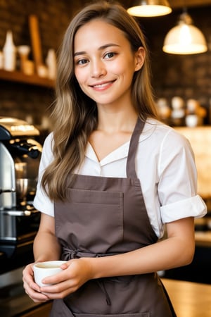 A weary yet radiant 15-year-old barista, caramel-toned skin glowing warmly under the soft lighting of the bustling café. Her luscious, straight chocolate hair with caramel highlights cascades down her back like a rich waterfall. Tired eyes, though, betray a hint of exhaustion as she expertly crafts coffee drinks. A bright, inviting smile illuminates her face, tempered by subtle lines of fatigue. She wears a crisp white apron, its simplicity belied by the warmth and energy she exudes, pouring her heart into every cup with an eager yet weary gaze.