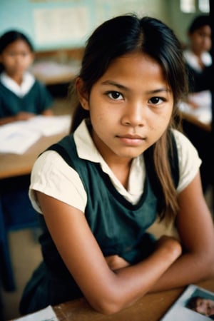 Nostalgic Polaroid snapshot of a 12 year old Cambodian girl, medium length light brown hair in a loose ponytail,  Posing in a school classroom, after class, empty classroom. The camera captures her vulnerability as she poses in a skimpy bra and school skirt, surrounded by the sterile atmosphere of the office. The grainy film texture and white border add to the intimate, candid feel of the moment. Taken from above, she looks up nervously at the camera, ready to do whatever the photographer asks of her