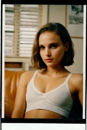 Nostalgic Polaroid snapshot of 12-year-old Natalie Portman, sporting a chic bob haircut, sitting on a sleekr office couch. The camera captures her vulnerability as she sits in her underwear, surrounded by the sterile atmosphere of the office. The grainy film texture and white border add to the intimate, candid feel of the moment.