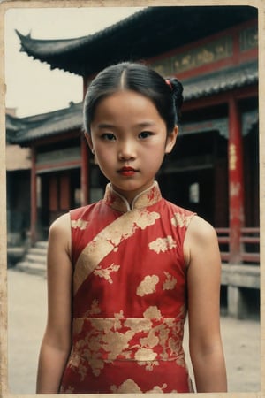 A weathered Polaroid photo, white border prominent, captures a young Chinese girl(11yo) standing full-length in a worn Cheongsam dress with red and gold pattern. Dark hair tied back in a bun, bright red lipstick accentuates her pale face, while dark eyeshadow adds depth to tired eyes. A weary smile hints at the story behind her gaze. Framed by an analog 50mm lens, the desaturated image takes on a nostalgic quality reminiscent of vintage Chinese buildings, with the girl's beauty standing out against the muted backdrop.