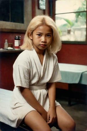 A vintage Polaroid photograph captures a young(11yo) Filipino girl's weary expression. Grainy film texture and white border evoke nostalgia. Flash photography illuminates her dyed blonde hair, striking features, and bold red lipstick. She sits patiently on a worn massage table in a dimly lit, seedy parlour. Her gaze meets the camera, a tired smile subtly spreading across her face. A loose white towel barely conceals her body as she awaits her next customer. Kodakchrome's desaturated palette adds to the photograph's analog charm.