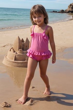 11yo alluring childish tween girl wearing cute pink frilly swimsuit, making a sandcastle
