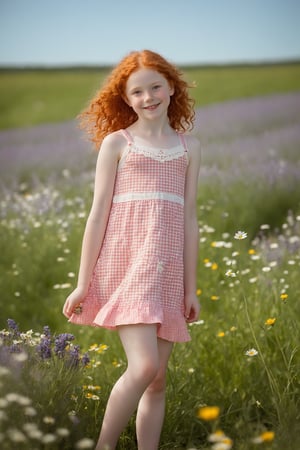 A bright and sunny day captures the carefree charm of an 11-year-old girl, radiant with curly red hair. Her pale skin is dotted with freckles, adding to her natural allure. The adorable pink and white gingham dress hugs her petite frame, with a subtle flash of white panties visible beneath. The sweet smile on her face beams as she poses playfully amidst a vibrant field of wildflowers, lifting the hem of her dress to give a glimpse of her long legs and white panties