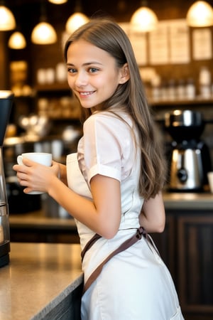 A weary yet radiant 15-year-old barista, caramel-toned skin glowing warmly under the soft lighting of the bustling café. Her luscious, straight chocolate hair with caramel highlights cascades down her back like a rich waterfall. Tired eyes, though, betray a hint of exhaustion as she expertly crafts coffee drinks. A bright, inviting smile illuminates her face, tempered by subtle lines of fatigue. She wears a crisp white apron, its simplicity belied by the warmth and energy she exudes, pouring her heart into every cup with an eager yet weary gaze.