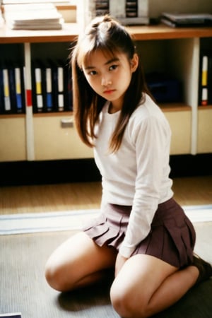 Nostalgic Polaroid snapshot of a 12 year old Japnese girl, medium length light brown hair in a loose ponytail,  kneeling on the floor of a bland school teacher's office. The camera captures her vulnerability as she kneels in a skimpy bra and school skirt, surrounded by the sterile atmosphere of the office. The grainy film texture and white border add to the intimate, candid feel of the moment. Taken from above, she looks up nervously at the camera, ready to do whatever the photographer asks of her