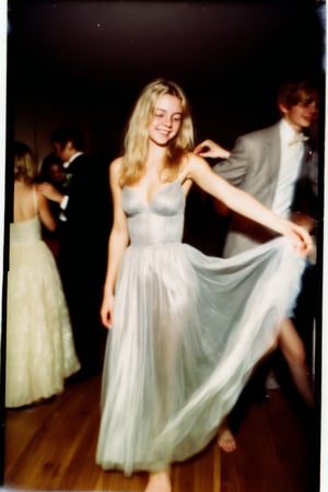 A nostalgic Polaroid photograph captures a candid moment of a beautiful blonde teenage girl, her prom dress shimmering under the soft, grainy film texture. The white border surrounds the image like a warm embrace. In the dimly lit loungeroom, she's dancing with reckless abandon, her bleary eyes and intoxication evident in her sloppy grin. Onlookers gather around, mesmerized by her carefree joy, as the clock strikes midnight, marking a night that will be forever etched in their memories.