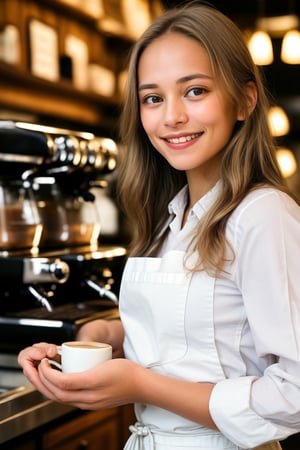 A weary yet radiant 15-year-old barista, caramel-toned skin glowing warmly under the soft lighting of the bustling café. Her luscious, straight chocolate hair with caramel highlights cascades down her back like a rich waterfall. Tired eyes, though, betray a hint of exhaustion as she expertly crafts coffee drinks. A bright, inviting smile illuminates her face, tempered by subtle lines of fatigue. She wears a crisp white apron, its simplicity belied by the warmth and energy she exudes, pouring her heart into every cup with an eager yet weary gaze.