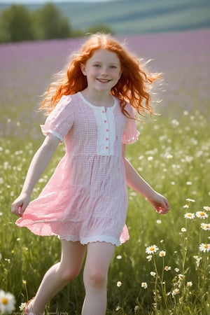 A bright and sunny day captures the carefree charm of an 11-year-old girl, radiant with curly red hair. Her pale skin is dotted with freckles, adding to her natural allure. The adorable pink and white gingham dress hugs her petite frame, with a subtle flash of white panties visible beneath. The sweet smile on her face beams as she poses playfully amidst a vibrant field of wildflowers, lifting the hem of her dress to give a glimpse of her long legs and white panties