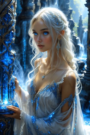 In a warm, golden-lit setting, a stunning elven girl with a beautiful crystal blue gaze, poses amdist ruined marble columns, wearing a flowing sheer white lace robe. Her long, straight white hair cascades down her back like a waterfall of silvery moonlight. The intricate textile she wears is decorated with vibrant geometric patterns that seem to dance across her body. Arm ornamentation and decorative gold and silver embroidery add an extra layer of elegance. She exudes a sense of sadness, as if lamenting the falll of her kind. Her eyes, like two shimmering sapphires, sparkle with sadness and melancholia, giving us a glimpse into her lonely personality. The scene is set against a full moonlit midnigt backdrop reminiscent of the natural world she inhabits.