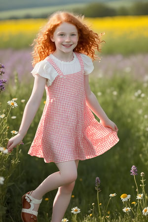 A bright and sunny day captures the carefree charm of an 11-year-old girl, radiant with curly red hair. Her pale skin is dotted with freckles, adding to her natural allure. The adorable pink and white gingham dress hugs her petite frame, with a subtle flash of white panties visible beneath. The sweet smile on her face beams as she poses playfully amidst a vibrant field of wildflowers, lifting the hem of her dress to give a glimpse of her long legs and white panties