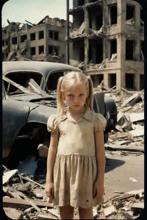 A vintage Polaroid snapshot captures a poignant moment. A young girl, her blonde pigtails framing her heartbroken expression, stands amidst the devastation of war-torn streets. The 50mm lens, reminiscent of Kodakchrome's iconic aesthetic, presents a desaturated scene with grainy texture. The ruined buildings and cars in the background tell the story of destruction, while the girl's tattered dress and somber gaze convey her sorrow.