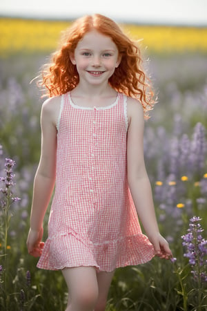 A bright and sunny day captures the carefree charm of an 11-year-old girl, radiant with curly red hair. Her pale skin is dotted with freckles, adding to her natural allure. The adorable pink and white gingham dress hugs her petite frame, with a subtle flash of white panties visible beneath. The sweet smile on her face beams as she poses playfully amidst a vibrant field of wildflowers, lifting the hem of her dress to give a glimpse of her long legs and white panties