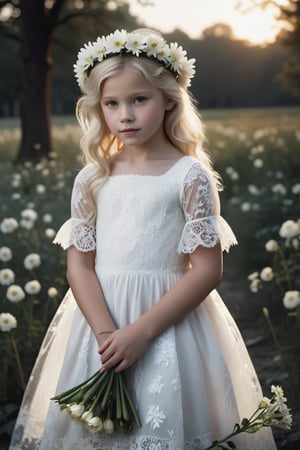 Award-winning cinematic masterpiece captures the innocence of a 9-year-old blonde-haired beauty in an abandoned park at dusk. The subject's very pale skin and slender figure are showcased against a dark background, emphasizing her fragile youth. She wears a delicate flower crown, a flowing white dress made of the most intricately patterned lace, transparent in the dim light, in her hands a bouquet of white flowers, perfectly framing her very slim face shape. Insane detail and ultra-realistic photorealism bring this high-definition (1.2) image to life, making it indistinguishable from a real photograph.