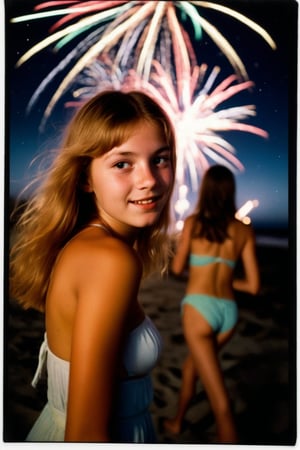 A nostalgic Polaroid photograph captures the carefree essence of a 1970's beach party. Gorgeous teenage girls, donning a bikini, radiates joy as she dances on the sandy shore under the starry midnight sky. Fireworks illuminate the darkness, casting a colorful glow on her bleary-eyed, intoxicated face. White border and grainy film texture evoke the analog photography of yesteryear. Onlookers gather around her, mesmerized by the infectious energy of this tipsy teenager, lost in the moment.