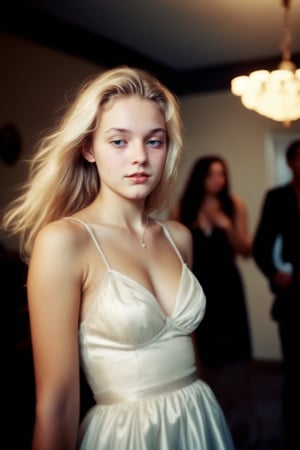 A nostalgic Polaroid photograph captures a candid moment of a stunning blonde teenager, dressed in a flowing prom gown, swaying drunkenly to an unheard melody in her family's loungeroom. The white border and grainy film texture evoke a sense of analog nostalgia. The camera zooms in for a close-up full-body shot, showcasing the girl's bleary-eyed expression as she loses herself in the music. Onlookers, blurred in the background, seem mesmerized by her carefree abandon under the dim lighting of midnight.