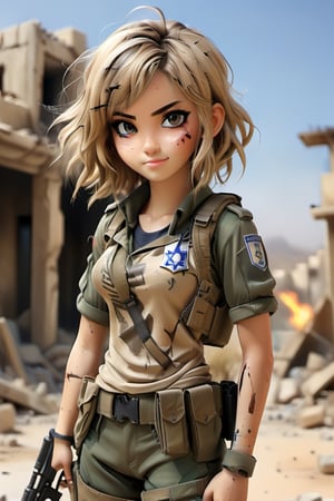 pretty anime girl with a soldier uniform, and the logo of the Israeli flag on her arm, carrying a high-caliber weapon, on a desert background and destroyed buildings behind, the girl is happy and has war stains on her face,cadiachan,3D,more detail XL,Cartoon,rebela