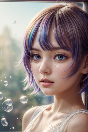 8k Wallpaper,grand,(((masterpiece))), (((best quality))), ((ultra-detailed)), (illustration), ((an extremely delicate and beautiful)),dynamic angle,rainbow hair,detailed cute anime face,((loli)),(((masterpiece))),an extremely delicate and beautiful girl,flower,cry,water,corrugated,flowers tire,broken glass,(broken screen),atlantis,transparent glass