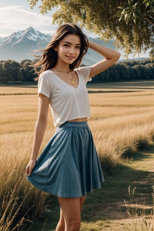 {masterpiece},{best quality},{1girl},Amazing,beautiful detailed eyes,solo,finely detail,Depth of field,extremely detailed CG,original, extremely detailed wallpaper,{{highly detailed skin}},{{messy_hair}},{small_breasts},{{longuette},{grassland},{yellow eyes},full body, incredibly_absurdres,{gold hair}.lace,floating hair,Large number of environments,the medieval ,grace,A girl leaned her hands against the fence,ultra-detailed,illustration, birds,Altocumulus,8kwallpaper,hair_hoop,long_hair,gem necklace,hair_ornament,prospect,water eyes,wind,breeze,god ray,lawn,Mountains and lakes in the distance,The skirt sways with the wind,The sun shines through the trees,A vast expanse of grassland,fence,Blue sky,bloom,smile,glow,The grass sways in the wind