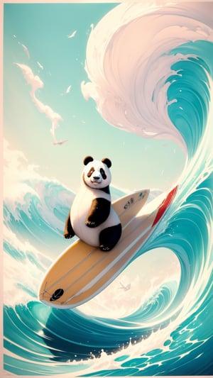 Pastel color palette, in dreamy soft pastel hues, pastelcore, pop surrealism poster illustration || A Majestic and trained panda surfing on a surfboard on The Great Wave off Kanagawa While holding a vinyl record in its hand || bright hazy pastel colors, whimsical, impossible dream, pastelpunk aesthetic fantasycore art