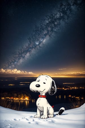 Snoopy, Masterpiece, Top Quality, Super Detailed Wallpaper, Turner features high quality, detailed cosmic colors of Vincent van Goghs Starry Night with Salvador Dalis surreal celestial precision , reflecting a touch of atmosphere and blurring the line with reality. Fantasy and snow falling in the sky, Small eyes, black ears, petite build,chibi emote style