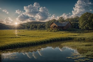 (extremely detailed CG unity 8k wallpaper),(((masterpiece))), (((best quality))), ((ultra-detailed)), (best illustration),(best shadow), ((an extremely delicate and beautiful)),dynamic angle, close-up of a small house by the lake, beautiful sunny summer day, water lilies in the lake blooming, lush plants, sunlight shining through the white clouds, bold colors, fairy tale, fantasy,wind,classic, (detailed light),feather, nature, (sunlight),beautiful and delicate water,(painting),(sketch),(bloom),(shine), high resolution, high contrast ratio, high detail, high texture, texture surreal high quality figure, ultra high quality, golden ratio