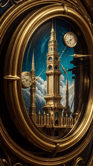 high quality, highly detailed, fantasy, At the forefront of this enchanting scene stands This surrealistic painting features melting clocks draped over various objects computer, spaceship, Salvador Dalis face, in a dreamlike landscape. Its distorted reality and unsettling beauty in the style of Leonardo Davinchi