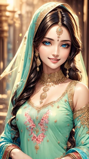 (watercolor medium:1.3), (watercolor painting:1.5), //quality Masterpiece, ultra detailed, hyper high quality, quality beyond the limits of AI, the ultimate in wisdom, top of the line quality, 8K, //Character 1girl, Beautiful eyes, detailed eyes, big eyes, grin, fine face, //Fashion (Sharara Kameez:1.3), //Background Beautiful blue sky, calm sunshine, flower garden