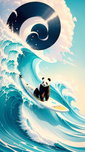 Pastel color palette, in dreamy soft pastel hues, pastelcore, pop surrealism poster illustration || A Majestic and trained panda surfing on a surfboard on The Great Wave off Kanagawa While holding a vinyl record in its hand || bright hazy pastel colors, whimsical, impossible dream, pastelpunk aesthetic fantasycore art