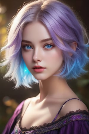 (masterpiece, best quality),(colored background) (finely detailed beautiful eyes),details,  (extremely detailed CG unity 8k wallpaper, masterpiece, best quality, ultra-detailed, best shadow), (detailed background), (beautiful detailed face, beautiful detailed eyes), High contrast, (best illumination, an extremely delicate and beautiful), stunning beautiful,, upper_body ,nodf_lora,perfect,
((1 girl)), blonde hair, short hair, blue eyes, bob cut, witch, powerfull, casting spell, purple aura