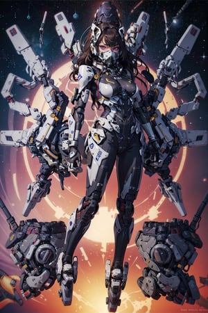 Galactic warrior, mecha suit, technological body, female body, mature woman body, britain woman face. brown hair, purple eyes, flying in the space, using a mask.,techpunkmask,rfktr_technotrex, full body, exo arms